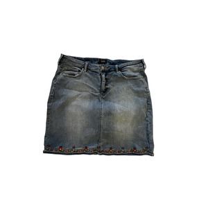 NYDJ Womens Denim Skirt Blue Jean Embroidered Floral Hem Sz 14